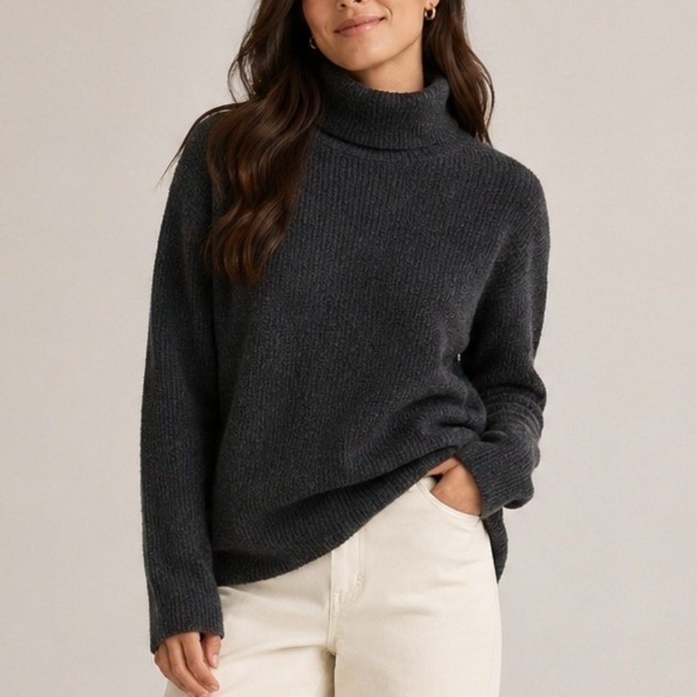 Quince Sweater Fisherman Turtleneck Cashmere Soft Travel Cozy Black Large NWOT